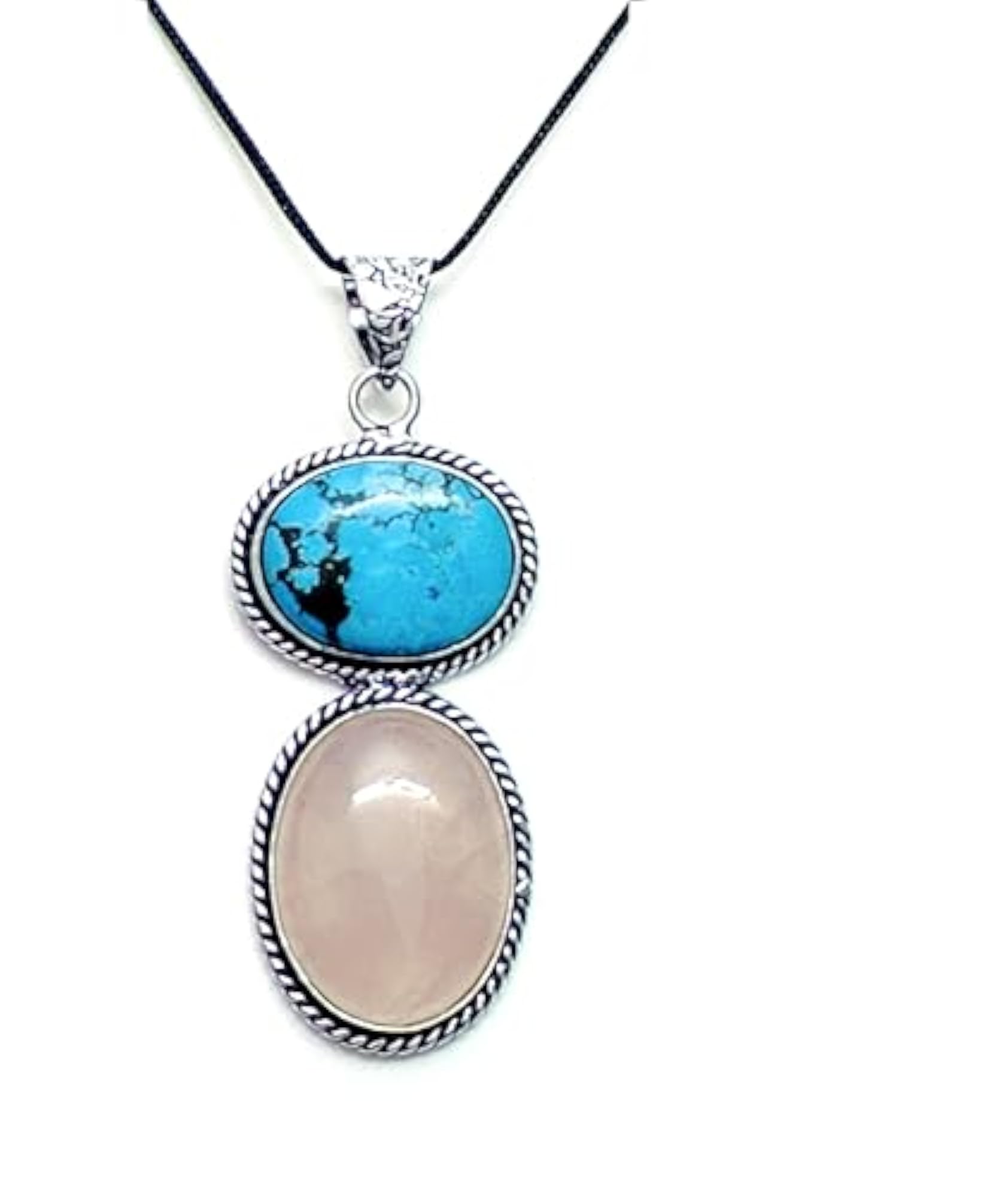 Natural Rose Quartz and Turquoise Oval Crystal Pendant