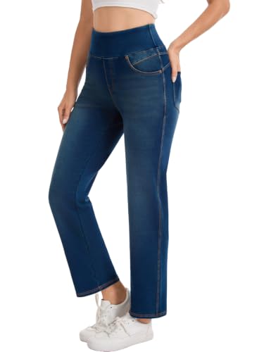 Amzdora Women's High Waisted Straight Leg Jeans Tummy Control Stretchy Denim Pants, Dark Navy, XLarge, 28 Inseam