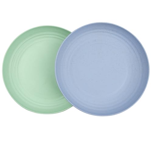 Soptalles Wheat Straw Plates Set of 2, 9 Inch Unbreakable Dinner Plates, Reusable Plate for Camping,Picninc,Family Dinner, Dishwasher & Microwave safe (Green and Blue)