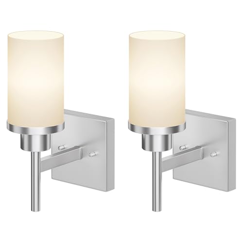 Image of Bathroom Light Fixtures Brushed Nickel Vanity Lights with White Frosted Glass Shade, Wall Lamp for Mirror Kitchen Bedroom Porch, 2 Pack T001BR-L1-P2