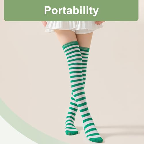 LEMLIN Ringel Kniestrümpfe für Damen,Bunte Overknee Socken im Set,Karneval,Cosplay und Party Kostümzubehör,für Erdbeer-Zwerg,Gärtnerin und Fantasy Looks(Grün/Weiß)