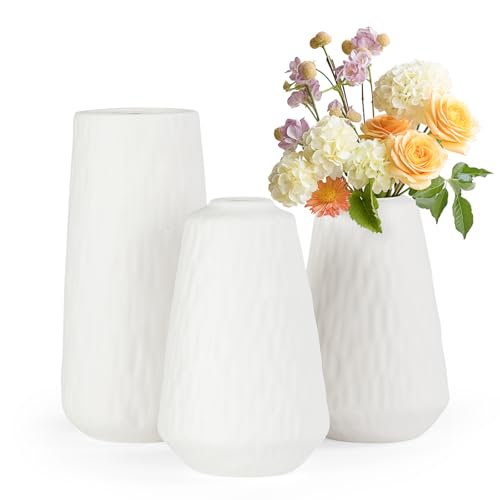 Jarrones Decorativos Modernos Juego de 3, FoiiLiio Blanco Jarrón de Cerámica con Diseño Martillado Centros Decorativos de Mesa Decoracion Casa Salon Dormitorio Pasillo