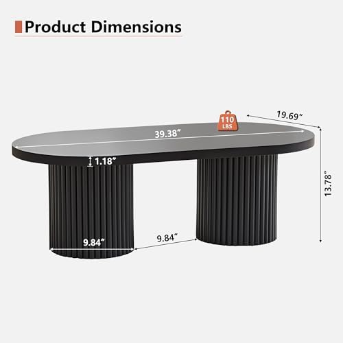 Oval Fluted Coffee Table, Farmhouse Wood Coffee Table Mid Century Modern Center Table Boho Living Room Tables for Living Room Office (Black, 19.69" D x 39.38" W x 13.78" H)