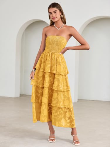 Image of Simplee Womens Summer Strapless Maxi Dress 2026 Boho Floral Off Shoulder Wedding Guest Dresses Tiered Beach Long Sundress