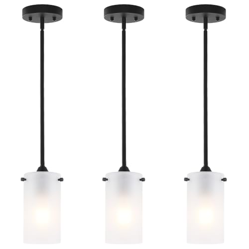 Eidonta 1-Light Mini Pendant Light Set of 3, Modern Black Opal White Glass Hanging Ceiling Lighting, Adjustable Height Pendant Lamp for Kitchen Island Dining Room