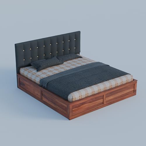 Image of Sheesham Wood King Size Bed with Storage Box | Upholstered Beds | Platform Cot with Cushioned Headboard | Double Bed for Home | Recommended Mattress 78x72 Inch | Dark Grey & Honey Finish