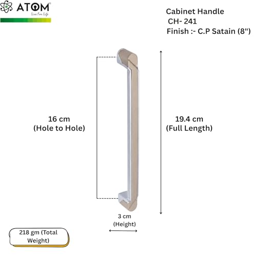Image of Atom 7.5 Inches Cabinet Door Handle | for Office Drawer Cupboard Almirah Kitchen Wardrobe Doors Pull Handles | Silver Satin Finish (Set of 10, CH-241)