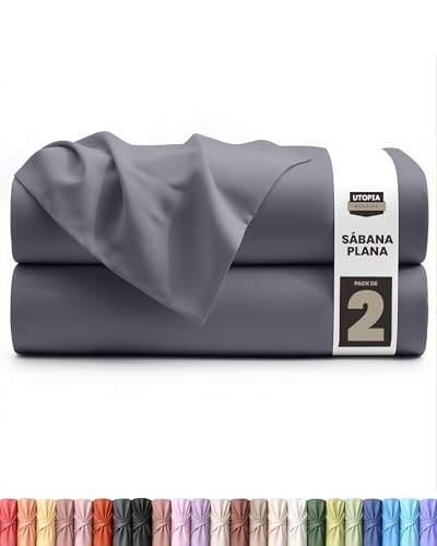 Utopia Bedding Pack de 2 Sábanas Planas (sin Gomas) 225 x 255 cm Certificado Oeko-Tex Suave Poliéster Microfibra Cepillada Sábana Plana – Gris
