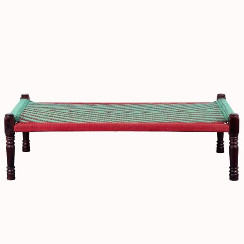 Image of Solid Sheesham Wood Charpai Khat | Handcrafted Daybed Khatiya Charpai with Cotton Rope | Traditional Khat Bed Wooden Diwan Cot for Living Room | 6X3 Feet | Green and Red