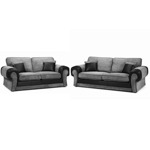 Tango Cord Fabric Sofa - Corner Sofa - 3 Seater - 2 Seater - Cord Fabric and Leather - Fullback Cushions (Grey, 3+2 Seater)