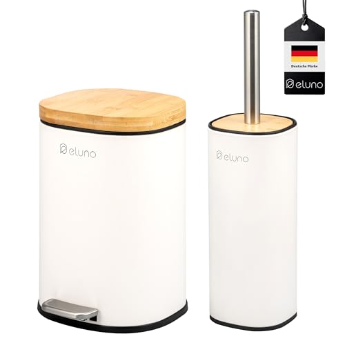eluno Badezimmer Zubehör Set FRAMURA 2tlg. bestehend aus 1 Kosmetikeimer mit Soft-Close Deckel und 5 Liter Fassungsvermögen und 1 WC-Garnitur, aus Metall mit Bambusdeckel (Weiß)