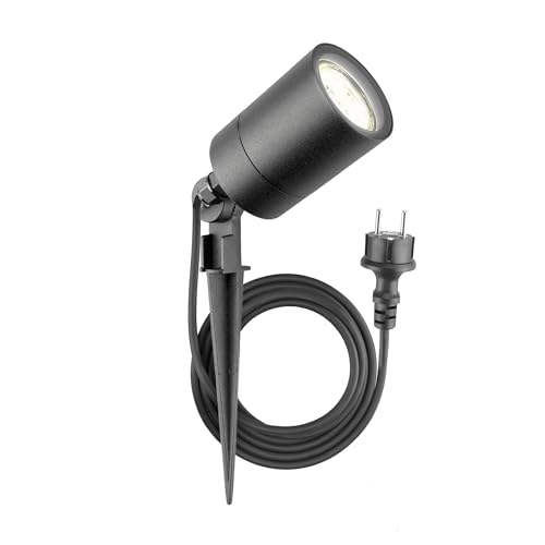 Ledvion LED Gartenstrahler Aluminium, IP65, GU10 Fassung, 2m Kabel mit Stecker, Erdspießstrahler Anthrazit