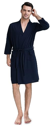 Skilydia Mens Summer Robes/Bathrobes,Soft Absorbent Waffle Robes/Bathrobes Housecoat for Mens for Pool/Shower/Loungewear(Blue, Large)