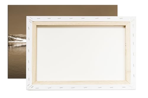 Toile lac bord enneigé 90x60cm tableau sépia cadre bois véritable - 6