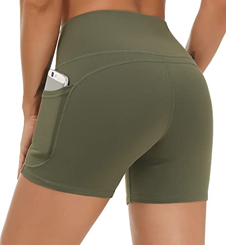Image of THE GYM PEOPLE High Waist Yoga Shorts for Women's Tummy Control Fitness Athletic Workout Running Shorts with Deep Pockets