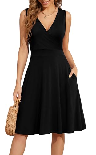 WEACZZY Women's Summer Sleeveless Casual Dresses V-Neck Wrap Floral Holiday Tank Dress Flowy Beach Sundress with Pockets,Black,Large
