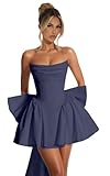 Monvelli Strapless Bow Corset Short Homecoming Dresses for Teens 2026 Satin Navy Blue Cowl Neck Empire Waist Club Night Dresses US Size 4
