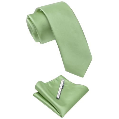 Image of YourTies Skinny Ties for Men Satin 2.4 inch Slim Necktie with Pocket Square Tie Clip Set Solid Color Wedding Party Business