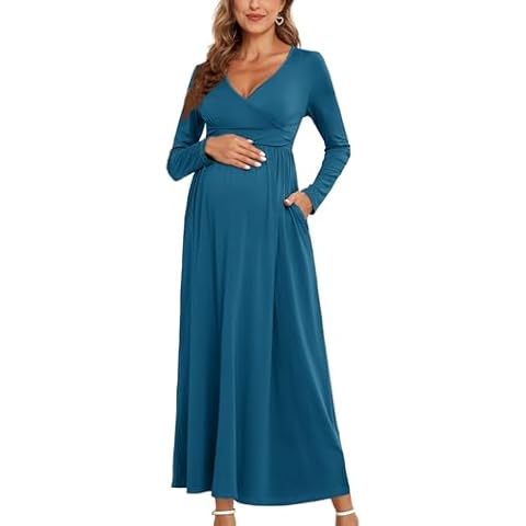 AISWI 2024 Women's Maternity Maxi Dress Long Sleeve Wrap V Neck Pregnancy Dresses Cover
