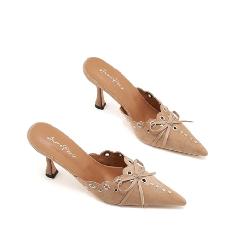 Image of Kitten Heel Mules for Women Bow Tie Suede Stiletto Heels Mule Pointed Toe Studs Slide Heeled Sandal Pumps for Wedding Dress Party