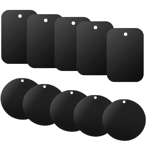 10 Pack Metal Plates for Magnetic car Accessories Mount，5 Rectangle & 5 Round Universal Adhesive Stickers，Compatible with All Magnetic Holders & Cradles (Black)