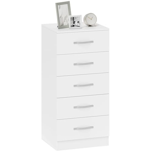 HOMCOM Cassettiera Camera da Letto 5 Cassetti, Como Camera da Letto Slim Moderno con Maniglia, Cassettiera Salvaspazio per Soggiorno, Cameretta e Corridoio, 40x35x85 cm, Bianco