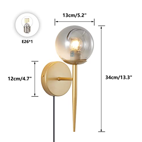 Image of BOKT 2-Light Plug in Wall Sconce with Smoky Gray Glass Shade Modern Globe Wall Sconce Bedside Lamp for Bathroom Bedroom Corridor