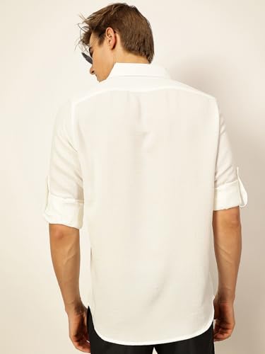 Image of Thomas Scott Men's | Solid | Textured Fabric | Full Sleeve | Slim Fit | Polyester-Blend | Spread Collar | Casual Shirt