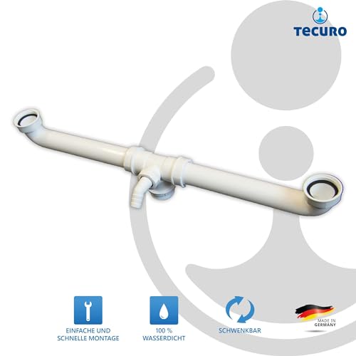 tecuro Ablaufverbindung für Doppel-Spülbecken, extra lang, 1 1/2 Zoll Anschluss, Rohrdurchmesser 40 mm x Länge 570 mm, kürzbar, inkl. Geräteanschluss