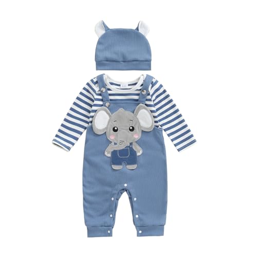 MAHUAOYIXI Toddler Boys Outfits Long Sleeve Striped Romper Bodysuit Jumpsuit Tops Shirt and Animal Embroidered Overalls Suspender Pants and Hat 3Pcs Sets Baby Boy Tracksuit (Blue, 6-9 Months)
