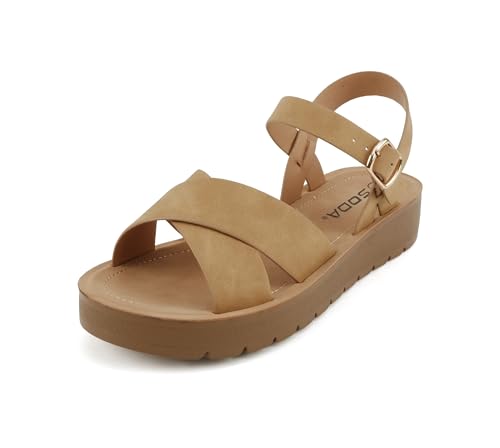 Image of Soda CHESTER ~ Women Flat Sandals Flatform Ankle Buckle Criss Cross Band Straps Sandals Shoes (Gold Raffia, 5.5)