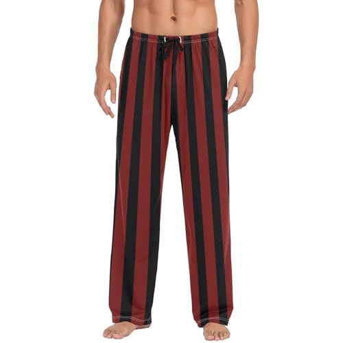 Lounge Pajama Pants for Men Dark Red Black Stripes Men's Sleep Bottoms Pants with Drawstring, S