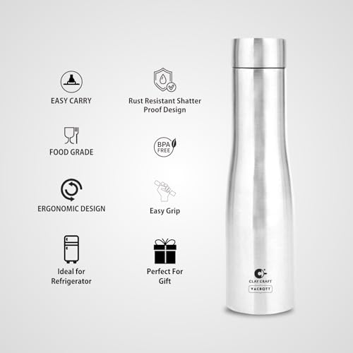 Image of Clay Craft VACBOTT Petra Single Walled Non Insulated Water Bottle-1000ML, 3-Piece(Silver) Leak Proof | Easy Grip |Easy To Carry| Gym Bottle | Home | Kitchen | Hiking | Treking Bottle | Travel Bottle