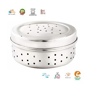 Image of Stainless Steel Green Coriander Storage Box Curry Leaves Box Set, Sprouts with air Ventilation Food containers Silver Dabba Flat Box Steel Dabba (large)