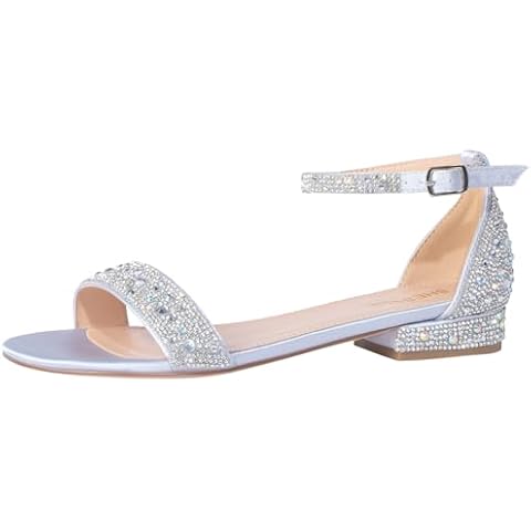 SheSole Women's Rhinestone Low Block Heel Sandals Sparkly Ankle Strap Sandal Bridal Wedding Dress Shoes Silver US Size 8 Cover