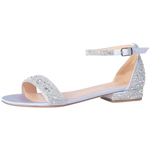 SheSole Women's Rhinestone Low Block Heel Sandals Sparkly Ankle Strap Sandal Bridal Wedding Dress Shoes Silver Gold White