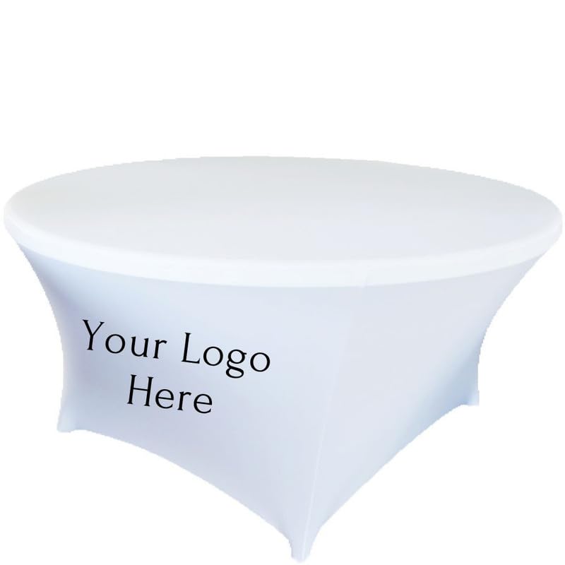 Elegant Event Essentials - Personalised Round Spandex Tablecloth with Your Logo or Text - Custom Table Banner Cover For Trade Shows, Business Events, Weddings - 5FT (150CM) - White