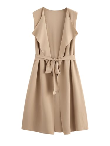 MakeMeChic Women's Open Front Lapel Long Vest Sleeveless Belted Work Office Jacket Outerwear