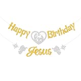 DKCTQU Glitter Happy Birthday Jesus Banner, Jesus Reason for the Season, Christmas Religious Banner, 6 inches x 6 inches