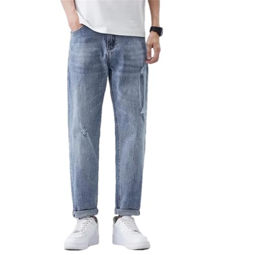 Men's Loose Fit Straight Leg Casual Nine-Point Jeans with Tapered Ripped Long Pants