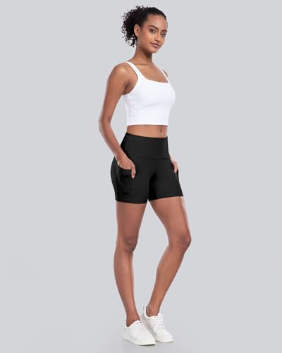 CHRLEISURE Womens Biker Yoga Shorts with Pocket, High Waisted Tummy Control 5 Inch Workout Spandex Athletic Gym Shorts4