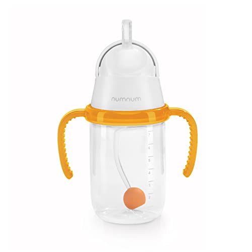 NumNum Weighted Straw Cup for Infant & Toddler 6-12 months - Expert Endorsed - 7oz Training Baby Cups w/Removable Handles - Easy to Use Self Feeding & Drinking Skills - Food-Grade Silicone (Orange)