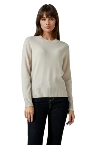 Hearth Cashmere 100% Pure Cashmere Ladies' Round Neck Sweater, Grade A Cashmere, Inner Mongolia, Long Sleeve (US, Alpha, Small, Regular, Regular, Ivory)
