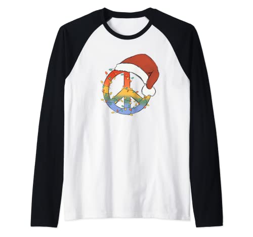 Signo de paz Luces de Navidad Navidad Paz Camiseta Manga Raglan