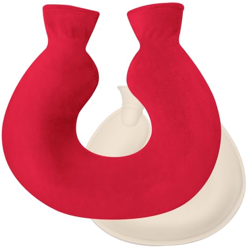 Bolsa de Agua Caliente en Forma de U con Funda Polar 36,5×31,5 cm – Calentador de Cuello y Hombros Reutilizable, Suave, Segura y Cómoda para Aliviar Dolores（Rojo）