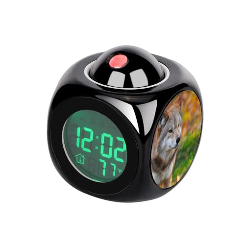 Réveil numérique à projection pour enfants avec thermomètre et affichage de l'heure, de la date, horloge de table rouge et gris loup