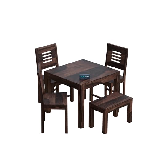 Image of MURALICRAFT Wooden Dining Table 4 Seater | Dinner Table, 3 Chairs & 1 Bench | Four Seater Dinning | Solid Wood Sheesham, Walnut Finish