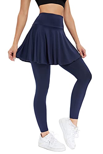 JOYSHAPER Women Tennis Skirted Legging with Pockets,Golf Pleated Skirt Capris Leggings Athletic Workout Running Yoga Pants Blue