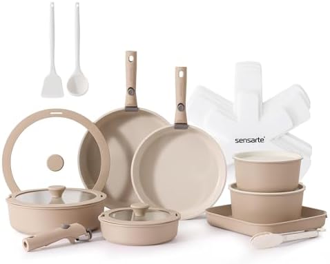 SENSARTE 24 Teiliges Keramik-Antihaft-Geschirrset mit Abnehmbare Griffe*3 | Induktions Topfsets, Keramik-Naturschicht Pfannenset, Für Alle Herdarten Geeignet, Spülmaschinenfest, Of