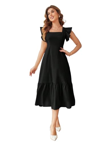 Image of Shasmi Girl's & Women's Solid Color Square Neck, Ruffle-Trimmed Hem Sleeveless, Ruffle Armhole and Casual Dress with Cinched Waist Vacation Outfits Woman (Dress 162)